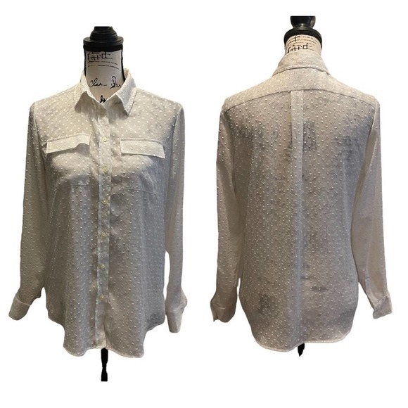 Banana Republic Button Down Shirt White Ivory Petite Size Small Sheer Polka Dot - Picture 8 of 8